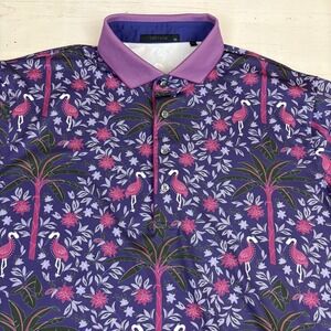 Greyson Golf Polo Shirt Mens XL Purple Flamingo Floral Stretch Short Sleeve Peru